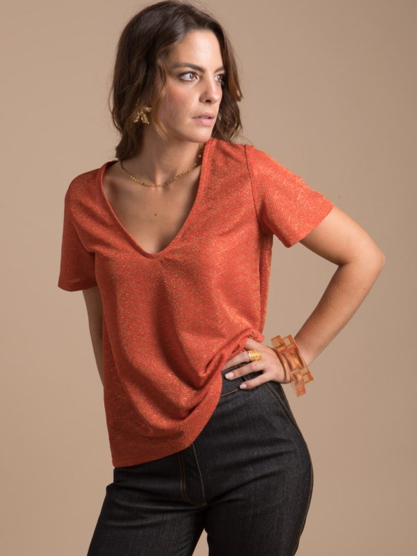 t-shirt-tops, nouvelle-collection-made-in-france - Gaby - Top rouge orangé femme Made-in-France