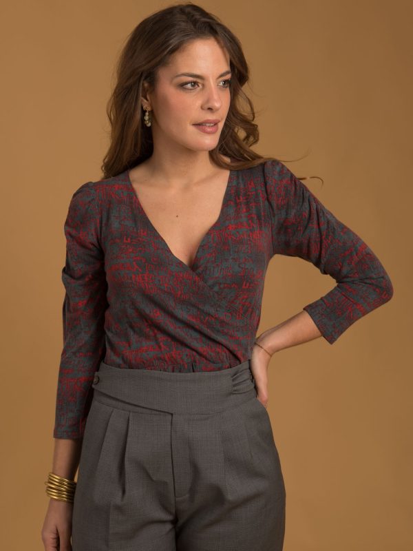 t-shirt-tops, nouvelle-collection-made-in-france - Anaïs - Top gris imprimé rouge femme Made-in-France