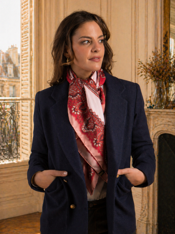 idees-cadeaux, accessoires - Foulard rose en soie femme Made-in-France